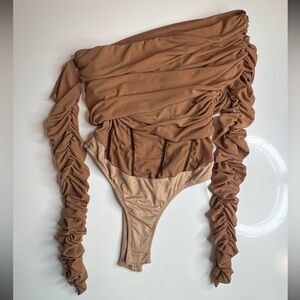 JLUXLABEL Camel Ruched Off-Shoulder Bodysuit